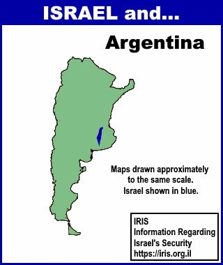 Scaled map comparing the size of Israel to Argentina