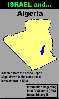 Scaled map comparing the size of Israel to Algeria