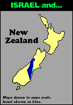 Scaled map comparing the size of Israel to New Zealand