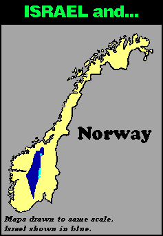 Scaled map comparing the size of Israel to Norway