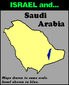 Scaled map comparing the size of Israel to Saudi Arabia